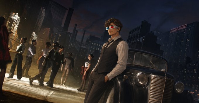 A cinematic scene shows a man wearing white glasses with blue and red lenses leaning against a vintage automobile at dusk in front of a building displaying the text 'KITKACHRD' in reverse, with a group of onlookers gathered nearby.