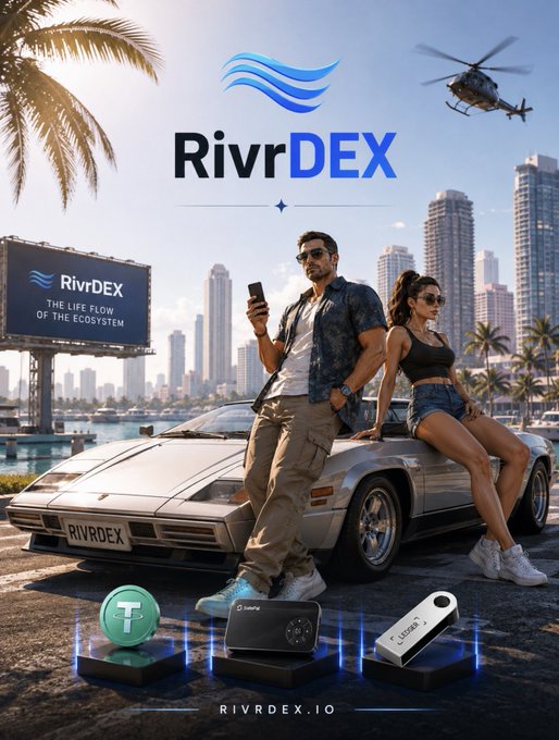 A promotional advertisement for 'RivrDEX - THE LIFE FLOW OF THE ECOSYSTEM' at RIVRDEX.IO, showing a man and woman posing by a sports car in a tropical city setting with hardware wallets displayed.
