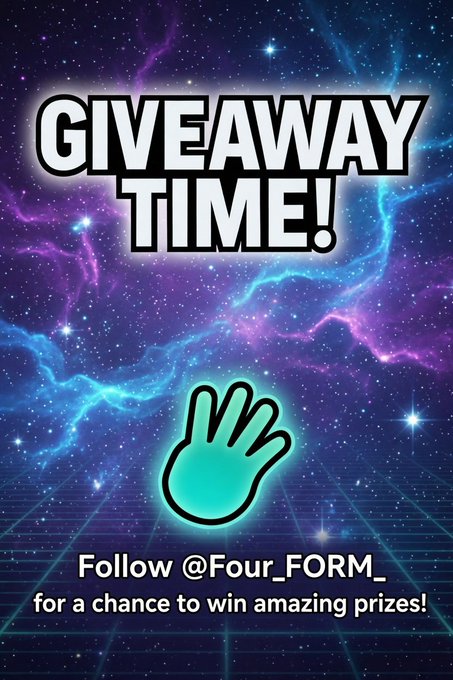 A vibrant purple and blue space-themed promotional graphic reading 'GIVEAWAY TIME!' with an instruction to 'Follow @Four_FORM_ for a chance to win amazing prizes!'