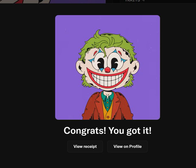 A digital card displaying a cartoon illustration of a grinning, green-haired clown (resembling the Joker) with the text 'Congrats! You got it!' and buttons for 'View receipt' and 'View on Profile'.