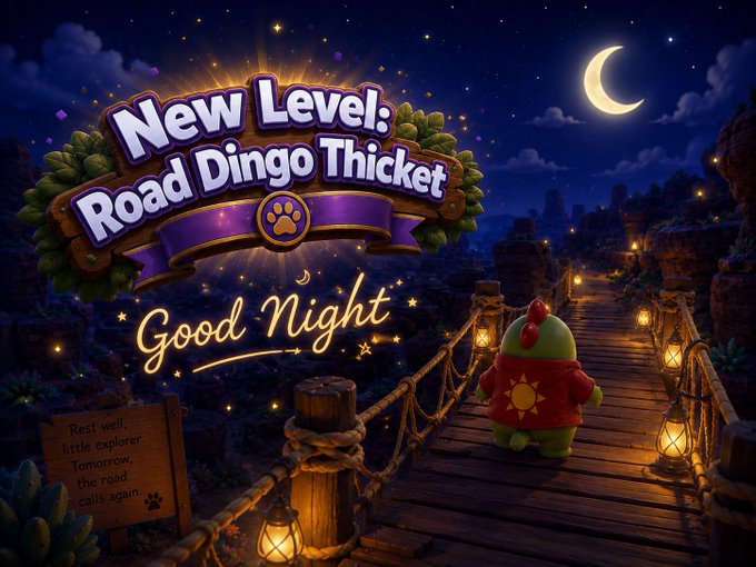 A colorful game screen titled 'New Level: Road Dingo Thicket' with 'Good Night' text, showing a small green character with a red sun shirt standing on a lantern-lit wooden bridge at night under a crescent moon.