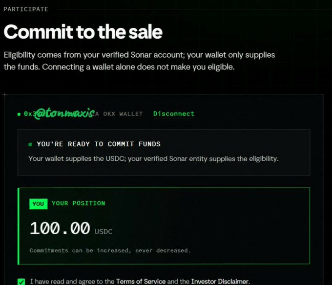 A 'Commit to the sale' interface showing a connected wallet (0x...Laminax) with a position of 100.00 USDC, stating 'YOU'RE READY TO COMMIT FUNDS' on the Sonar platform.