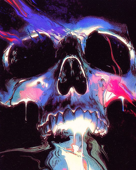 A vibrant, stylized painting depicts a skull with glowing eyes and mouth, surrounded by dripping, fluid-like strokes in bright neon pink, blue, and white against a dark background.