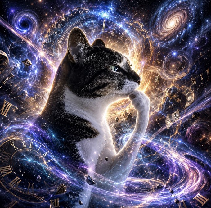 A striking cosmic artwork features a black and white cat with a glowing blue eye, surrounded by swirling galaxies, floating Roman numerals, and clock faces—all set against a vibrant purple and blue nebula backdrop that evokes themes of time and the vastness of the crypto universe.

The celestial feline imagery mirrors the post's speculation about cat-themed tokens like $CASHCAT and $HMM reaching astronomical valuations, with the cosmic backdrop suggesting their potential "moonshot" trajectories among the stars.