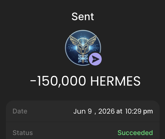 The image features a cell phone screen with various elements displayed, including an electronic transaction log and the text "Sent" above it. The background of the screen shows a black and white color scheme against a dark grey background. In the top right corner, there is a small green icon that reads "SUCCEEDED". Below this icon, the words "Every wallet gets 150K $HERMES Drop your solana 𝛣𝑎𝐟𝑥𝑒𝑡 𝚍𝐧" are written. This message is related to an email that was sent recently, where a person named Solana has been listed as someone who has achieved the goal of receiving 150K Hermles. The process involved dropping their solana address and the message itself being posted on this screen.