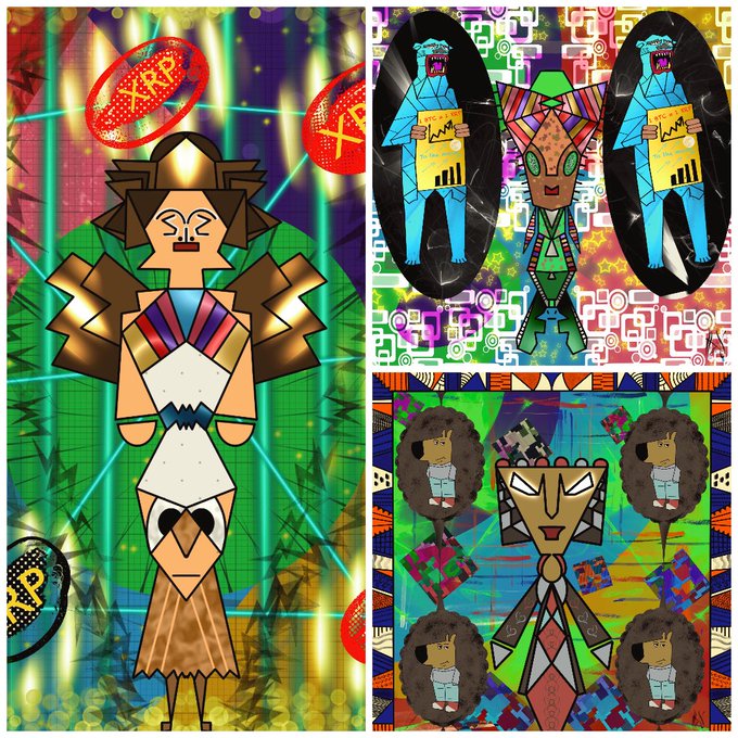 A colorful, abstract collage-style artwork featuring geometric and stylized figures, including an XRP logo and Bitcoin symbol, along with patterned backgrounds.
