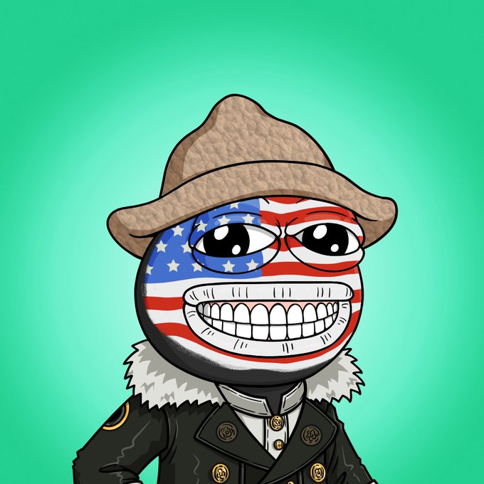 A cartoonish anthropomorphic countryball with the United States flag pattern, wearing a brown fedora-style hat and a dark coat with a fur collar, grinning widely against a teal background.