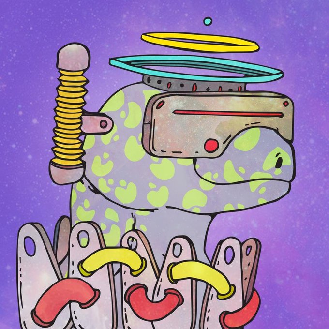 A colorful cartoon-style illustration featuring a purple and green spotted creature wearing a VR headset with floating cyan and yellow halo rings, a yellow spring antenna, and surrounded by popsicle-stick figures with smiling banana and chili pepper faces.