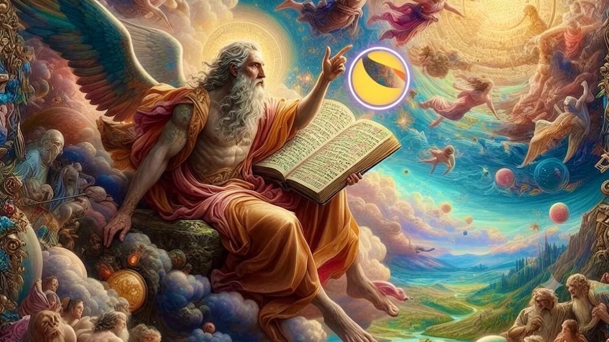 "The patience required to hold up a $LUNC is what will define the winners of this cycle," says an artist's caption above the painting. The painting depicts a man holding a book, surrounded by angels and other figures, with a large sunburst in the background.