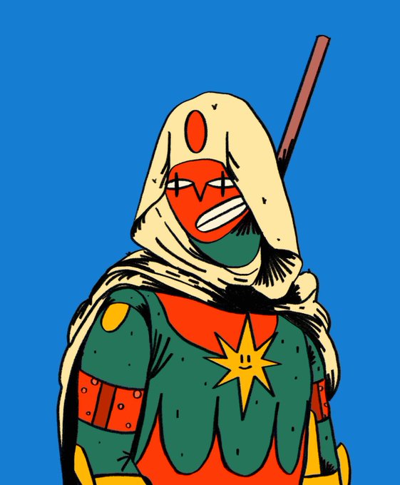 A comic book-style illustration of a masked, hooded character in a green and red costume with a yellow star emblem, carrying a weapon on their back.