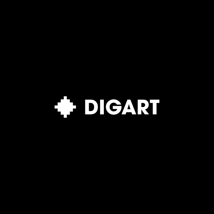 A minimalist black logo screen displaying 'DIGART' with a small pixelated cross/diamond icon.