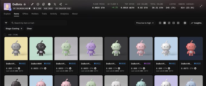 A screenshot of the DeBots NFT marketplace showing various digital collectible figures (DeBot #1 series) listed for sale with their ETH prices and last sale information.
