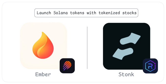 A graphic titled 'Launch Solana tokens with tokenized stocks' features two app icons labeled 'Ember' and 'Stonk'.