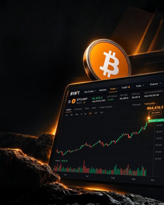 A Bitcoin trading chart displayed on a laptop screen showing BTC/USDT prices around $64,479, with a glowing 3D Bitcoin coin floating above it.