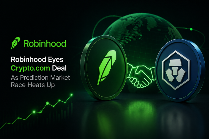 This image depicts Robinhood considering a deal with Crypto.com amidst a growing prediction market race, visualized by the logos of both companies, a handshake graphic, and an upward trending stock chart.