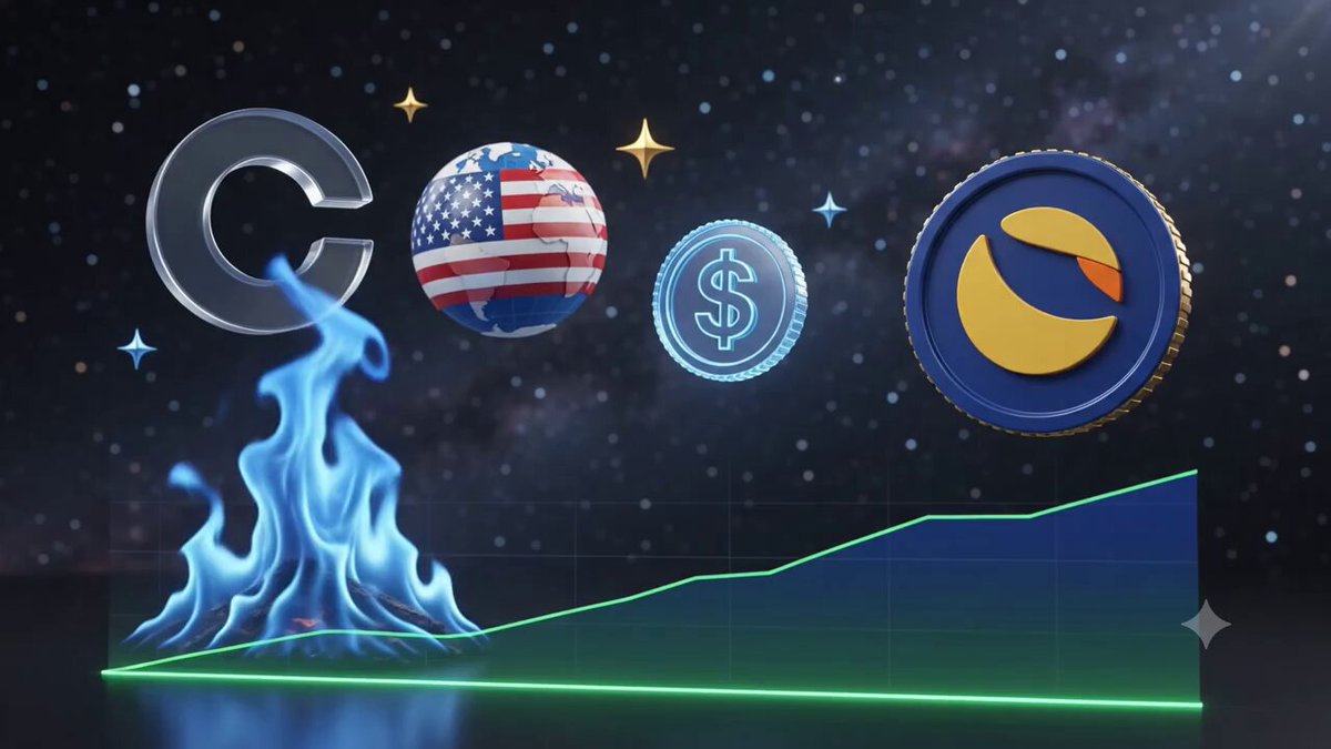 The image features a 3D rendering of a coin, with a flame coming out of its top left corner. Below this, there are four coins representing different countries - an American flag, a euro sign, a dollar sign, and a yellow circle with a blue line through it. The background is dark blue, and the text "Coinbase" is visible in the image. The post also mentions that the coin is worth $LUNC, which could be interpreted as a joke or a reference to the cryptocurrency market.
