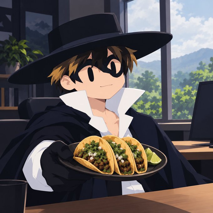 An anime-style character in a black wide-brimmed hat and cloak smiles while holding a plate of three tacos.
