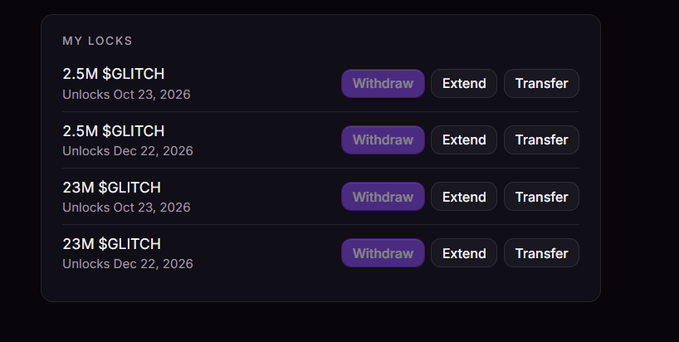 A dark-themed UI panel titled 'MY LOCKS' displaying four entries of $GLITCH token locks (2.5M and 23M amounts) with unlock dates in 2026, each with Withdraw, Extend, and Transfer buttons.