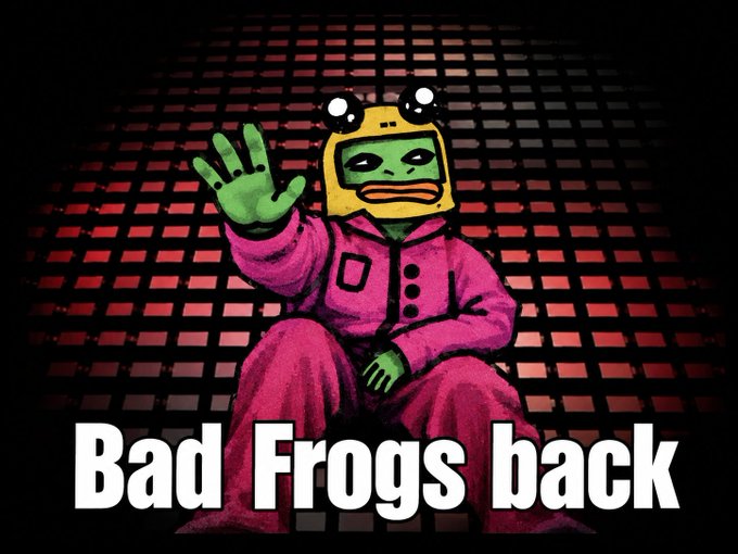 A meme image featuring a Pepe the Frog character in a pink hazmat suit waving, with the text 'Bad Frogs back' against a red grid background.