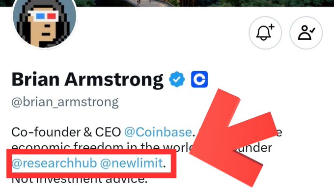 Twitter/X profile screenshot of Brian Armstrong (@brian_armstrong), Co-founder & CEO of Coinbase, with a large red arrow pointing to tagged accounts @researchhub and @newlimit in his bio.