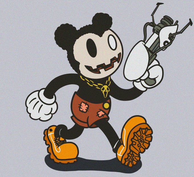 A cartoon illustration of a character resembling Mickey Mouse with a skull face, wearing patched shorts and orange boots, while holding a spray can.
