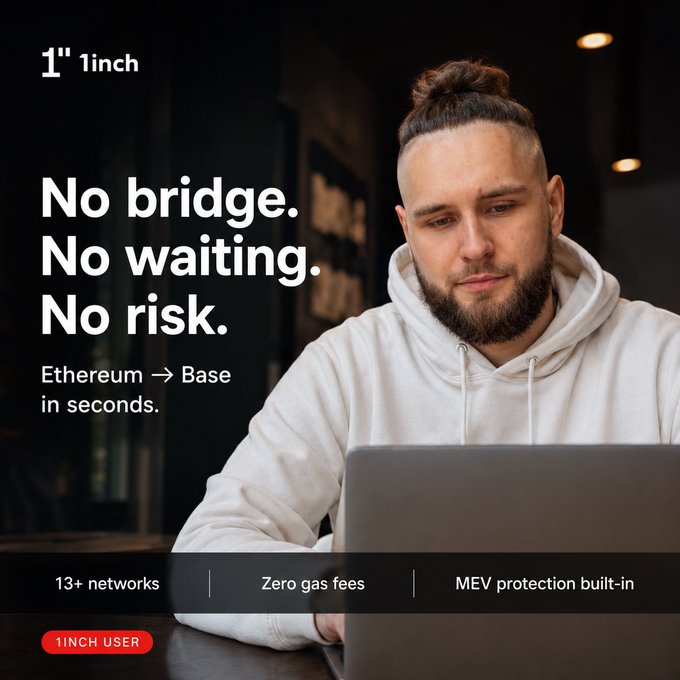 The image shows a man sitting at a table with his laptop open in front of him. The text above the image reads "No bridge, no waiting, no risk." This statement seems to be a part of an advertisement or promotional material for a cryptocurrency exchange service. The main focus of the image is on the man and his laptop, but there are also some other elements present that may not be directly related to the content of the post.