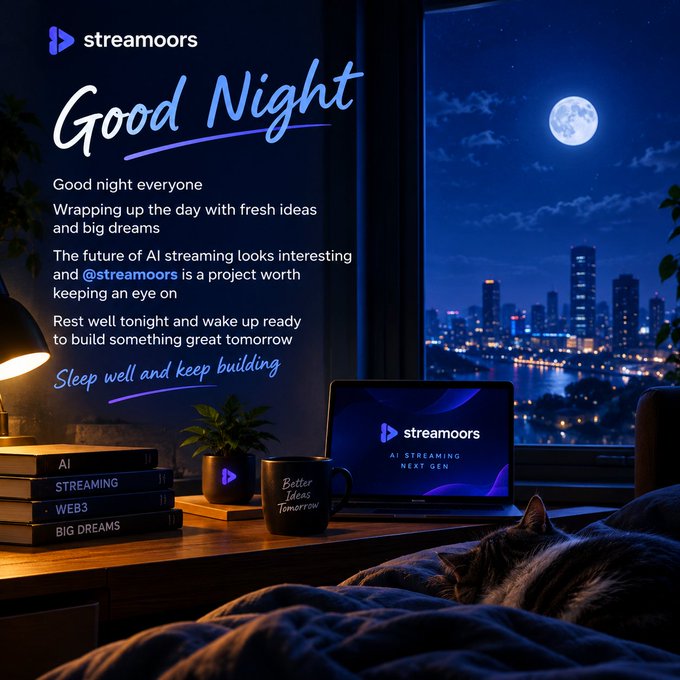 A "Good Night" social media graphic from "streamoors" features a cozy night scene with a laptop, a sleeping cat, and an inspirational message about the future of AI streaming.