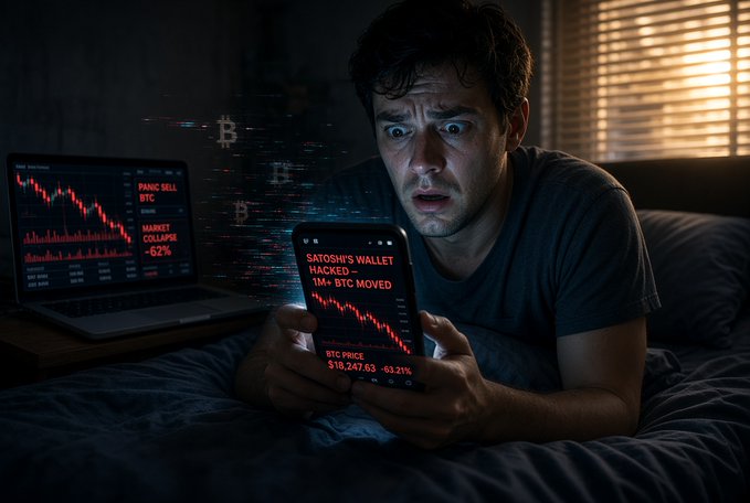 A dramatic photo of a panicked man sitting in bed holding a phone displaying 'SATOSHI'S WALLET HACKED - 1M+ BTC MOVED' with BTC price crashing to $18,247.63 (-63.21%), while a laptop in the background shows a 'PANIC SELL BTC' market collapse chart.