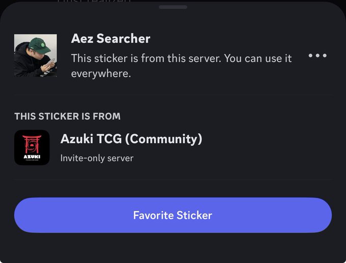 A Discord sticker information popup for "Aez Searcher" shows the sticker is from the Azuki TCG (Community) invite-only server, with a purple "Favorite Sticker" button displayed. This matches the post announcing that the user @0xWaifu_ created a custom sticker for them in the Azuki TCG Discord server.