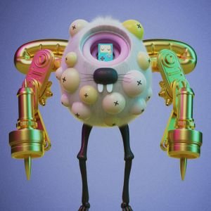 A stylized 3D art toy figure resembling a white seal or creature with X-marked spots, mechanical golden arms holding tools, and a small owl character visible inside its open head cavity.
