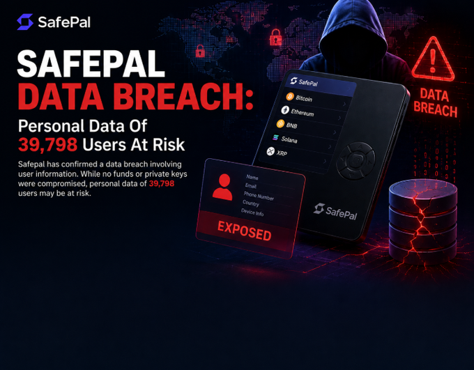 A SafePal news graphic titled 'SAFEPAL DATA BREACH' reporting that personal data of 39,798 users may be at risk, though no funds or private keys were compromised.