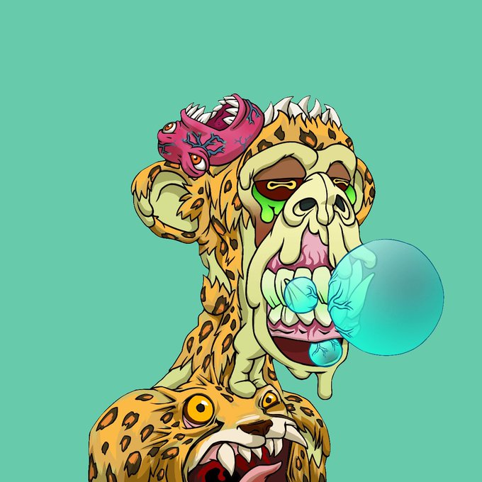 Cartoon illustration of a mutated leopard-like creature with a second head/mouth growing out of its head, drooling and blowing a large blue bubble gum bubble against a teal background.