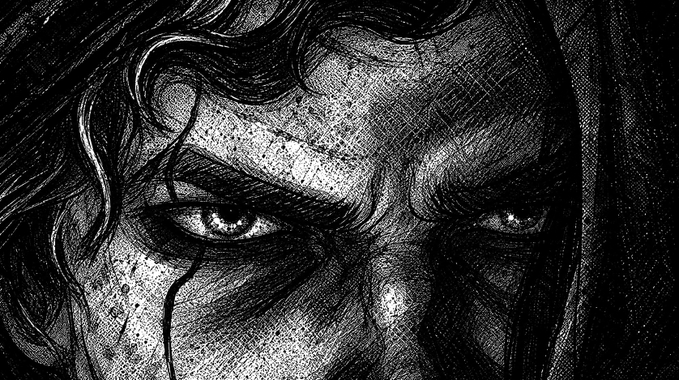 A dark, gritty black-and-white cross-hatched illustration of a hooded figure's face with piercing eyes and a vertical scar or crack running down from one eye.