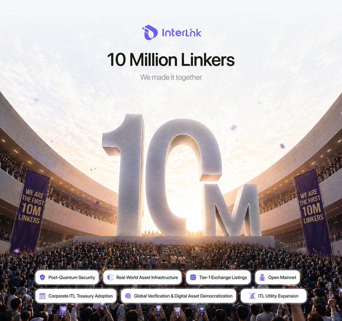 The image is a celebratory graphic from InterLink announcing "10 Million Linkers" with the tagline "We made it together," featuring a stadium filled with people surrounding a giant "10M" sculpture and banners reading "WE ARE THE FIRST 10M LINKERS." It visually reinforces the post's summary by celebrating the 10 million user milestone as the foundation for InterLink Network's ($ITLG, $ITL) future outlook, with featured pillars including Post-Quantum Security, Real-World Asset Infrastructure, Tier-1 Exchange Listings, Open Mainnet, Corporate ITL Treasury Adoption, Global Verification & Digital Asset Democratization, and ITL Utility Expansion.