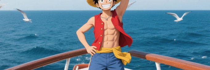 An anime-style character resembling Monkey D. Luffy from One Piece stands confidently on a ship's deck, wearing his iconic straw hat, red vest, and yellow sash against a backdrop of blue ocean and seagulls.
