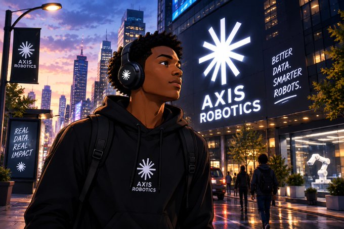 A digital illustration of a young person wearing an 'AXIS ROBOTICS' hoodie and headphones, standing in a city street with illuminated billboards reading 'AXIS ROBOTICS', 'BETTER DATA. SMARTER ROBOTS.', and 'REAL DATA. REAL IMPACT'.