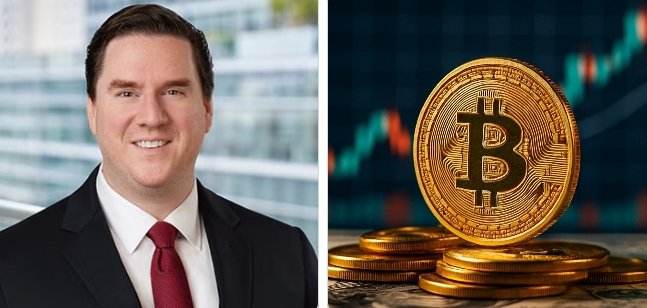 A professional headshot of Jim Ferraioli in a suit and red tie is shown alongside a stack of Bitcoin coins set against a candlestick chart, visually reinforcing his bullish outlook on BTC's recent breakout signaling a potential end to the bear market debate.