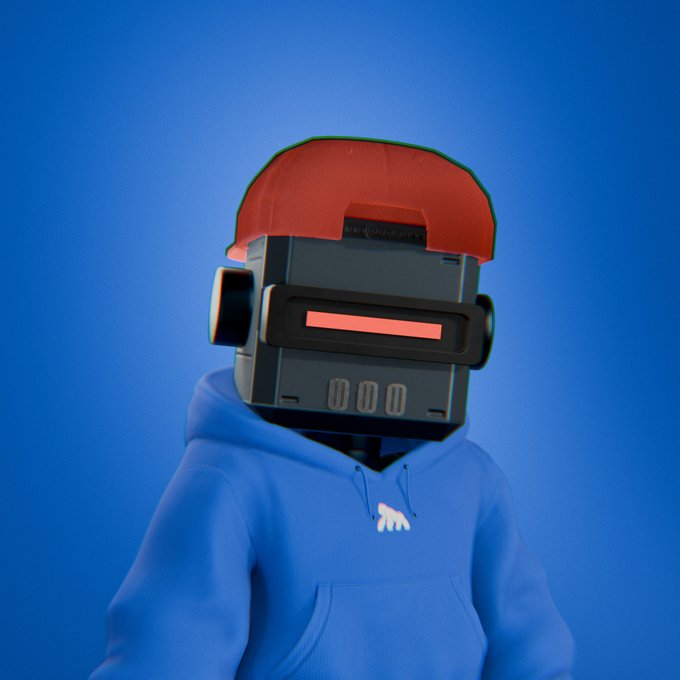 A 3D-rendered character wearing a red baseball cap, a blue hoodie, and a boxy robotic helmet with a pink visor stands against a solid blue background.