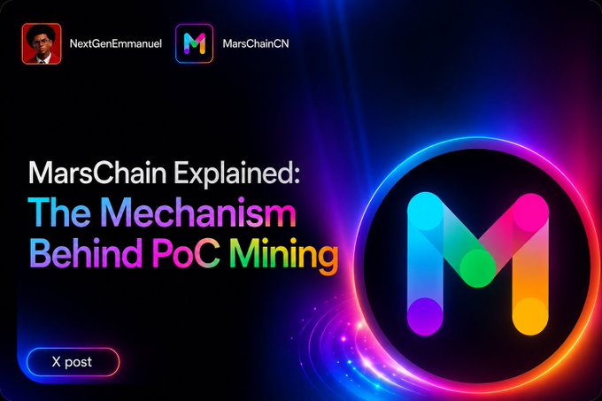 A promotional graphic with the text 'MarsChain Explained: The Mechanism Behind PoC Mining' featuring the colorful MarsChain 'M' logo.