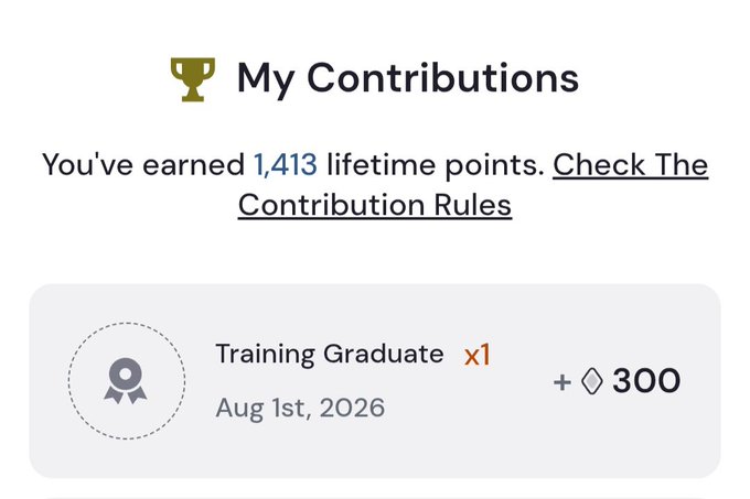 A screenshot of a 'My Contributions' section showing 1,413 lifetime points earned, with a 'Training Graduate x1' reward of 300 points dated Aug 1st, 2026.