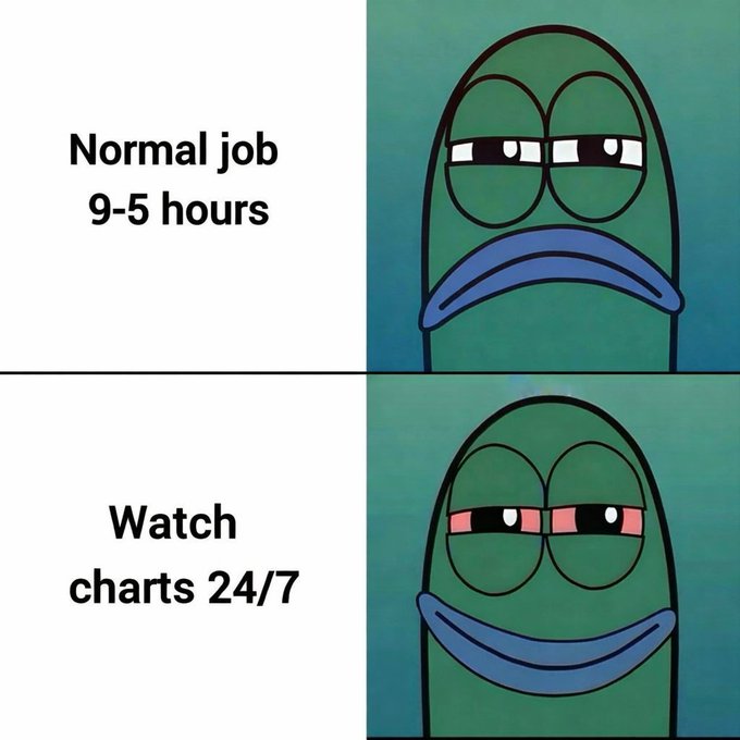 A two-panel meme featuring the "Sad Pepe vs Happy Pepe" format, contrasting a tired, droopy-faced Pepe for "Normal job 9-5 hours" with an excited, blushing, wide-grinning Pepe for "Watch charts 24/7." It humorously captures how trading/crypto enthusiasts find constant chart-watching far more thrilling than a traditional workday, making the relatable struggle of choosing passion over routine all too recognizable.