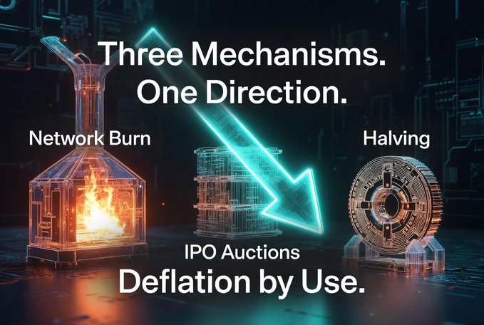 A promotional graphic displays 'Three Mechanisms. One Direction. Deflation by Use.' with illustrations labeled 'Network Burn', 'IPO Auctions', and 'Halving'.
