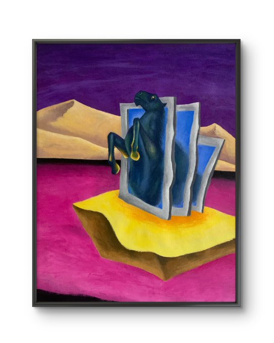 The image features a painting of a horse with its head turned to look at something off-camera, situated above two frames that are open, creating an illusion as if the horse is looking through them. The background of the painting depicts a desert landscape with mountains in the distance and a pinkish hue. The painting is framed by a black border, which contrasts with the vibrant colors used for the horse's head and the sky.
