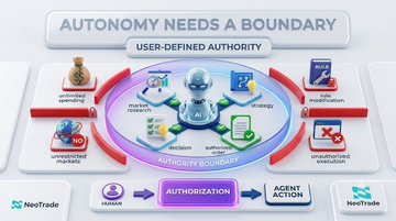 An infographic titled 'AUTONOMY NEEDS A BOUNDARY' from NeoTrade illustrating the concept of User-Defined Authority, showing how an authorization process flows from human input to agent action with various boundary constraints.