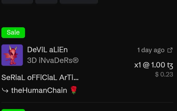 A NFT marketplace listing showing a sale of 'DeViL aLiEn' item #5632 from the '3D iNvaDeRs' collection by 'SeRiaL oFFiCiaL ArTi' for $0.23 (x1 @ 1.00 tz) sent to theHumanChain.