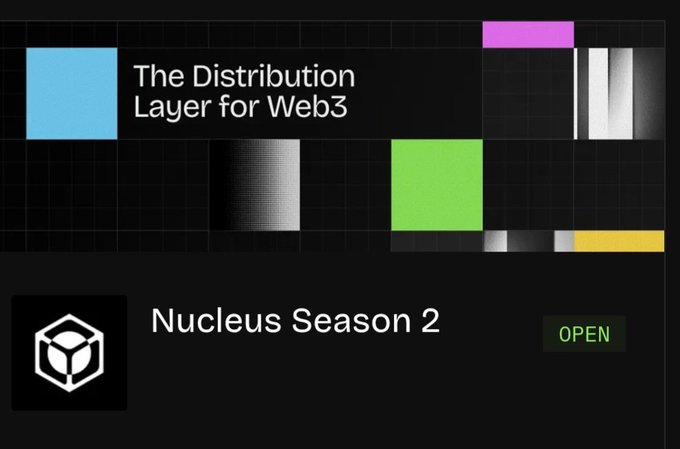 The image shows a "Nucleus Season 2" graphic with "The Distribution Layer for Web3" text. This visually represents the @NucleusCodes platform mentioned in the post, which ranks users based on their on-chain history and content quality.