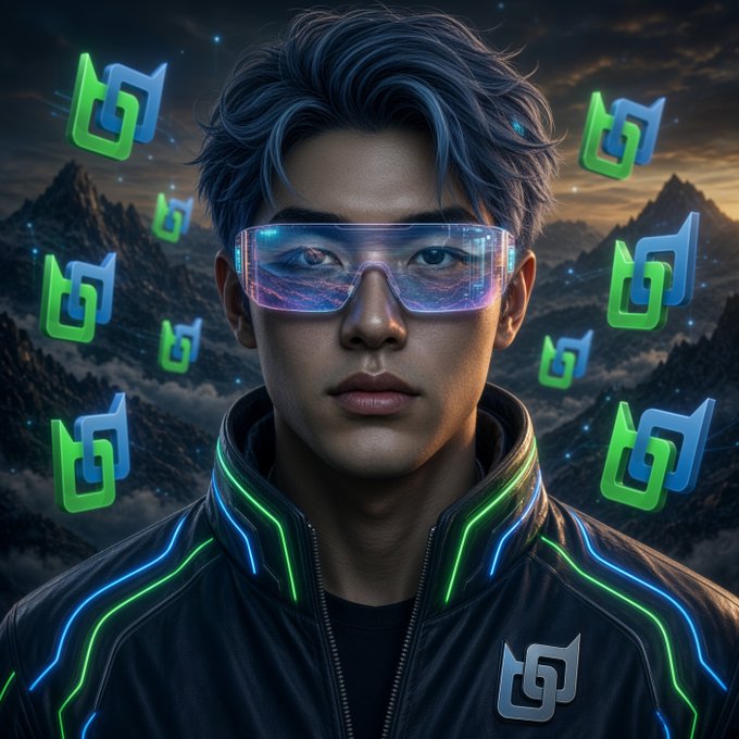 Stylized digital artwork of a young man wearing futuristic glowing visor glasses, with floating green and blue logo icons against a mountainous night sky background.