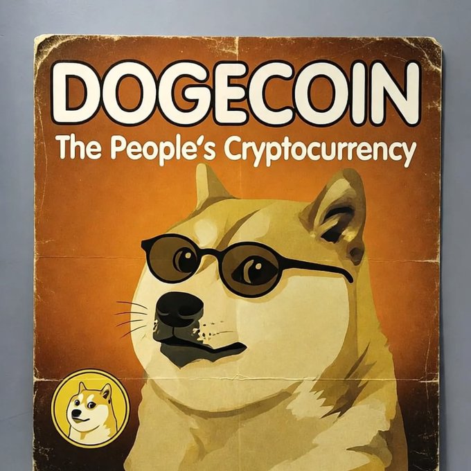 A vintage-style poster featuring the Shiba Inu mascot in glasses with the text 'DOGECOIN - The People's Cryptocurrency'.