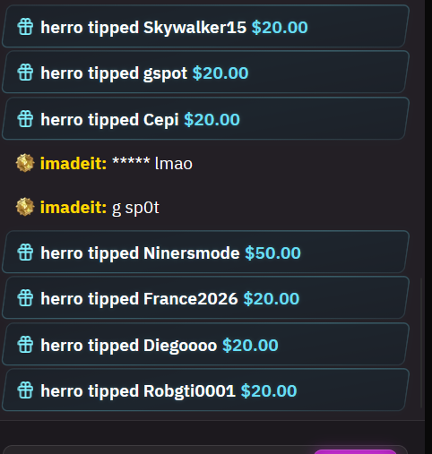 The image shows a series of $20 (and one $50) tips being sent from user "herro" to various players including Skywalker15, gspot, Cepi, Ninersmode, France2026, Diegoooo, and Robgti0001, with one chat message joking "g sp0t." This directly illustrates the post's sentiment about how easily and quickly tips can be distributed to regular players on the @yeet platform, with one user even getting a $50 bump.