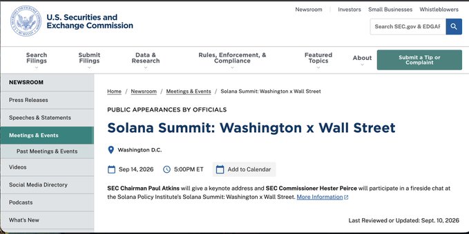 A screenshot of a U.S. Securities and Exchange Commission newsroom page announcing 'Solana Summit: Washington x Wall Street' on Sep 14, 2026, featuring SEC Chairman Paul Atkins and SEC Commissioner Hester Peirce.